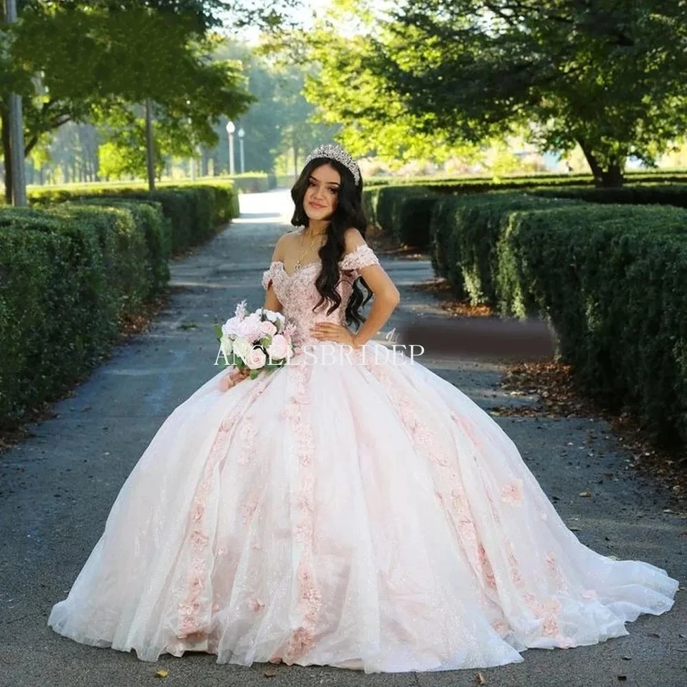 Angelsbridep gaun pesta merah muda bahu terbuka gaun Quinceanera gaun Vestidos De 15 quinceaforera gaun acara Formal 16 gadis manis