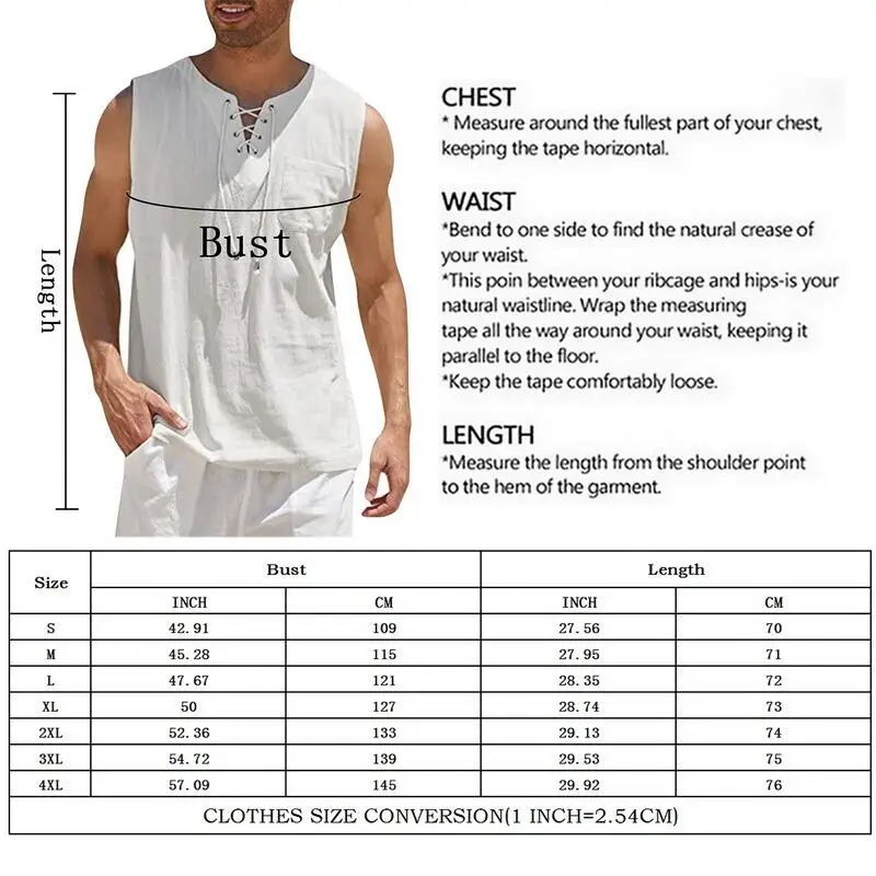 Fashion Men\'s Cotton Linen Solid Color Sleeveless Vintage Drawstring V-Neck Gym Top T-Shirt Summer Beach Street Casual T-Shirt