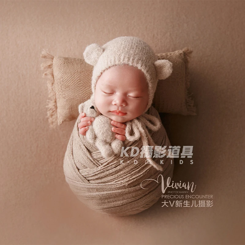 

Реквизит для фотосъемки новорожденных, детская эластичная пеленка + вязаная шапка + кукла ручной работы, фоновое одеяло, креативная одежда для фотосессии новорожденных