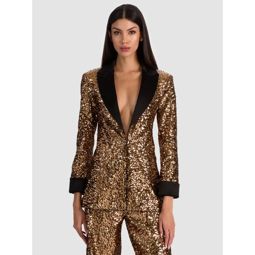 

Women's Glamour Gold Sequin Suit - Deep V-neck Blazer and Pants Set for Party Wear