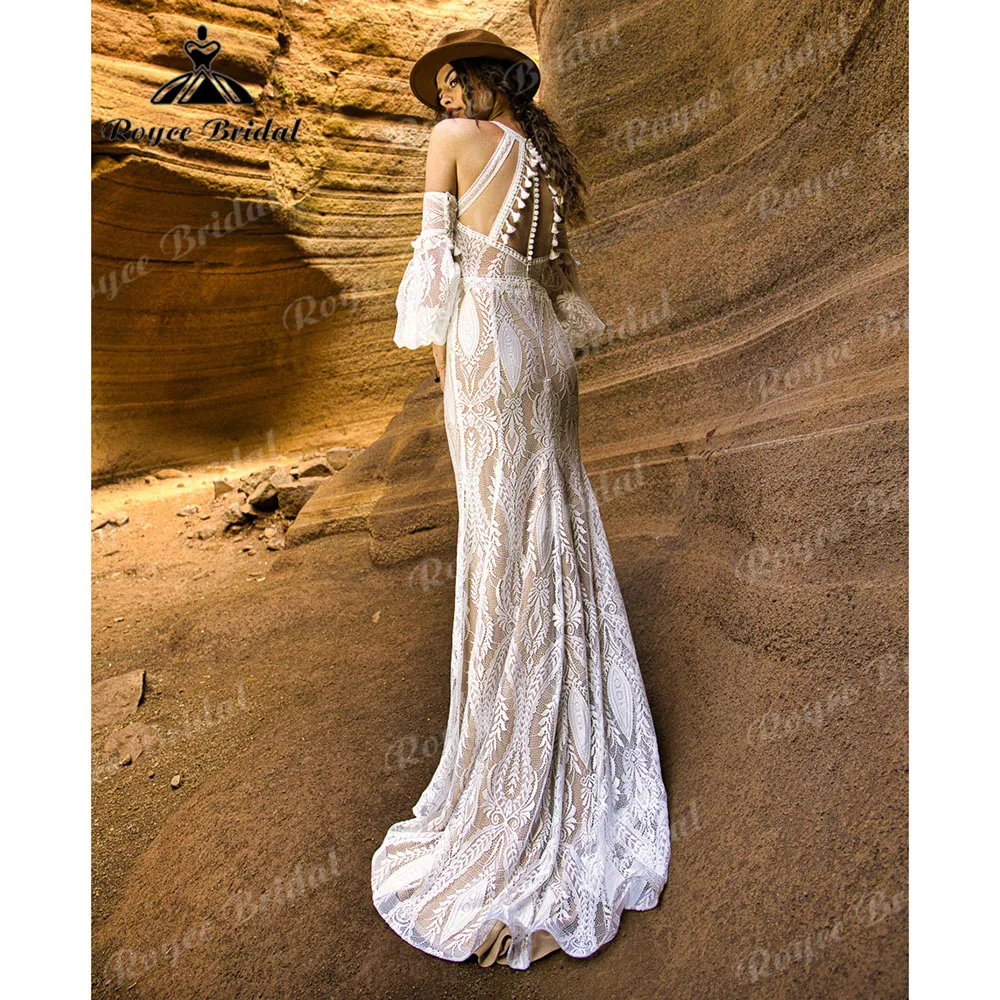 vestido novia bohemio Off Shoulder Boho Halter Lace Mermaid Wedding Dress with Puff Sleeve 2025 Customized robe de mariée sirèn