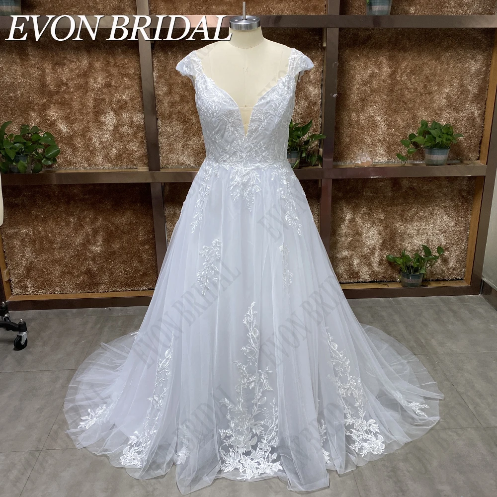 EVON BRIDAL Vestidos de novia para las mujeres 2024 de encaje de manga casquillo correas vestidos de novia Civil con cuello en V de tul Plus Size Real Foto Vestido de novia Elegante hecho a medida apliques sin espalda