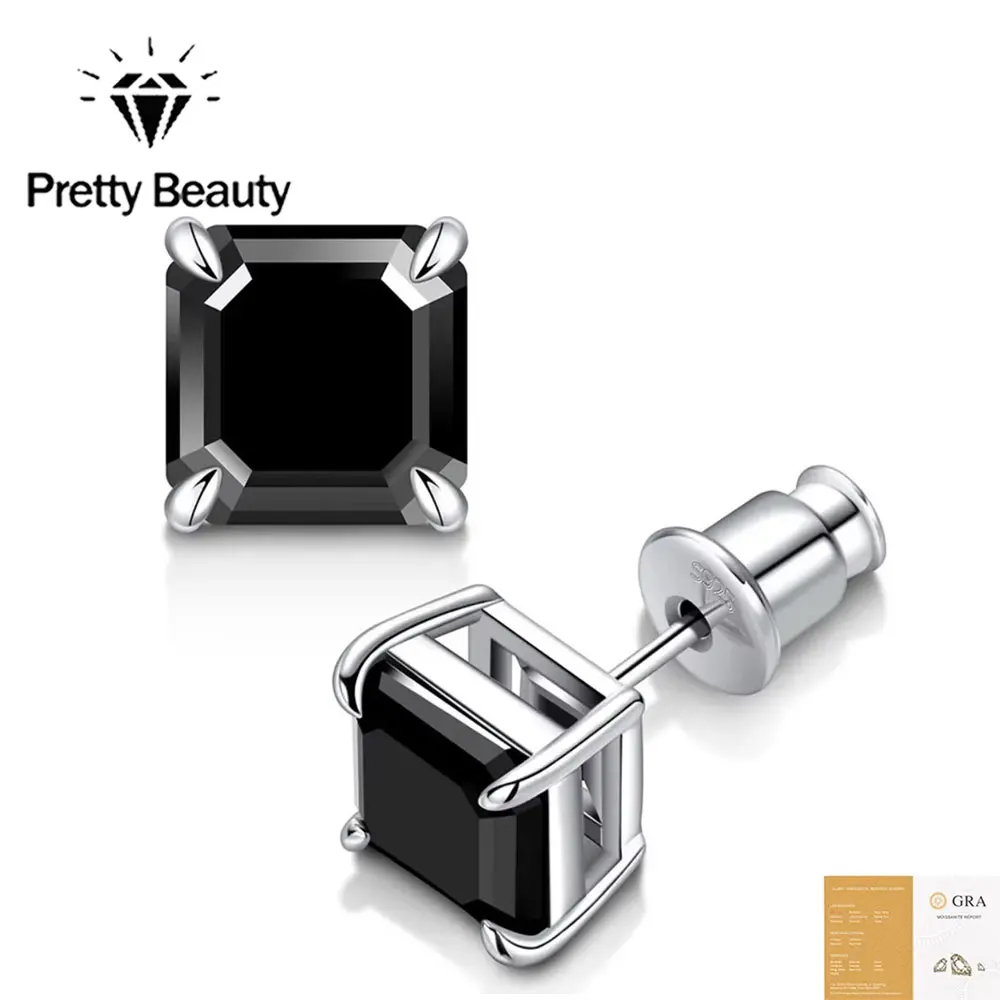 

Pretty Beauty S925 Silver 2CT Black Moissanite Stud Earrings for Women Men Square Princess Cut Diamond Earrings Trendy Jewelry