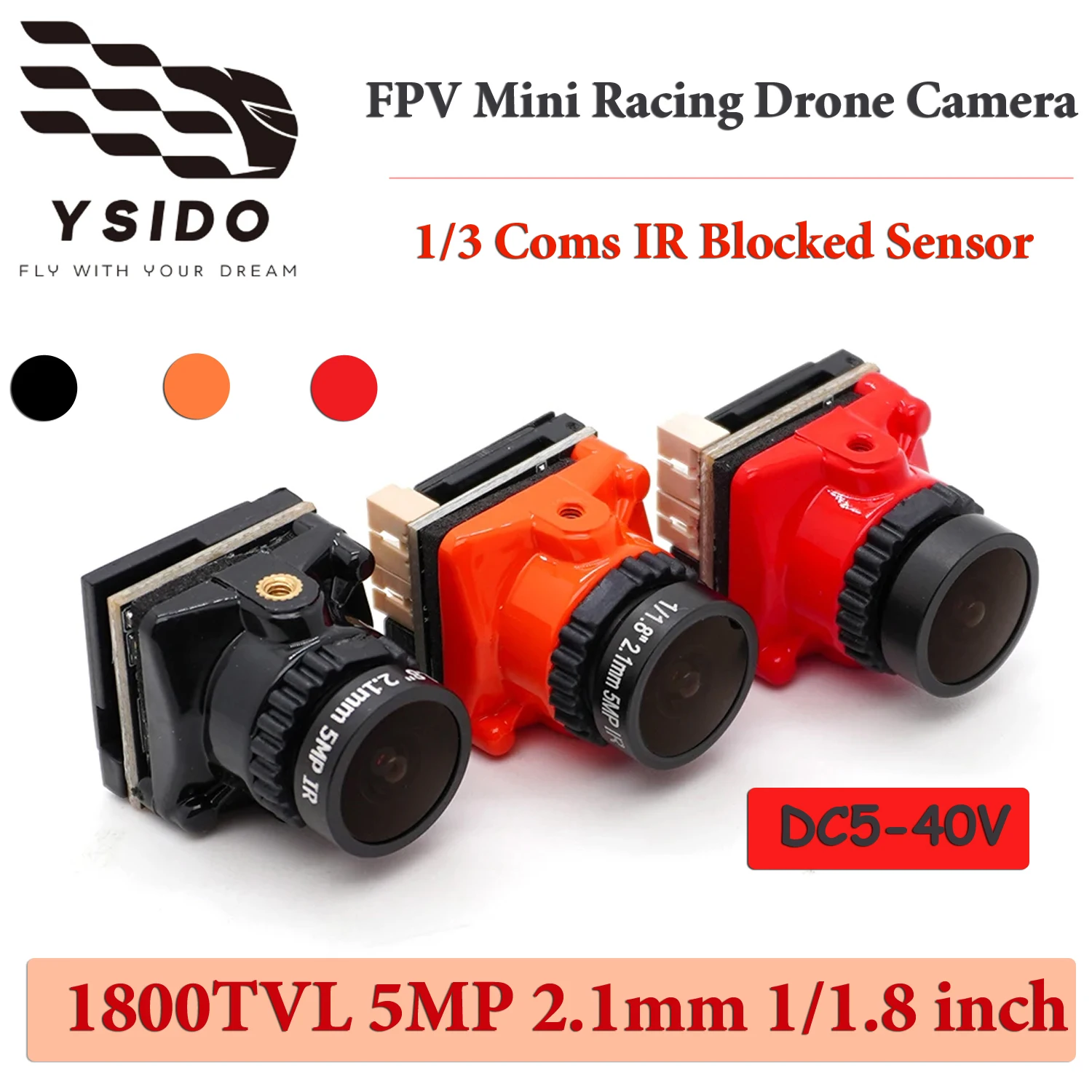 

FPV Micro Camera 1800TVL 2.1mm 1/3 Coms IR Blocked​ Sensor Wide Dynamic Range 5V-40V with OSD Internal for RC FPV Racing Drone
