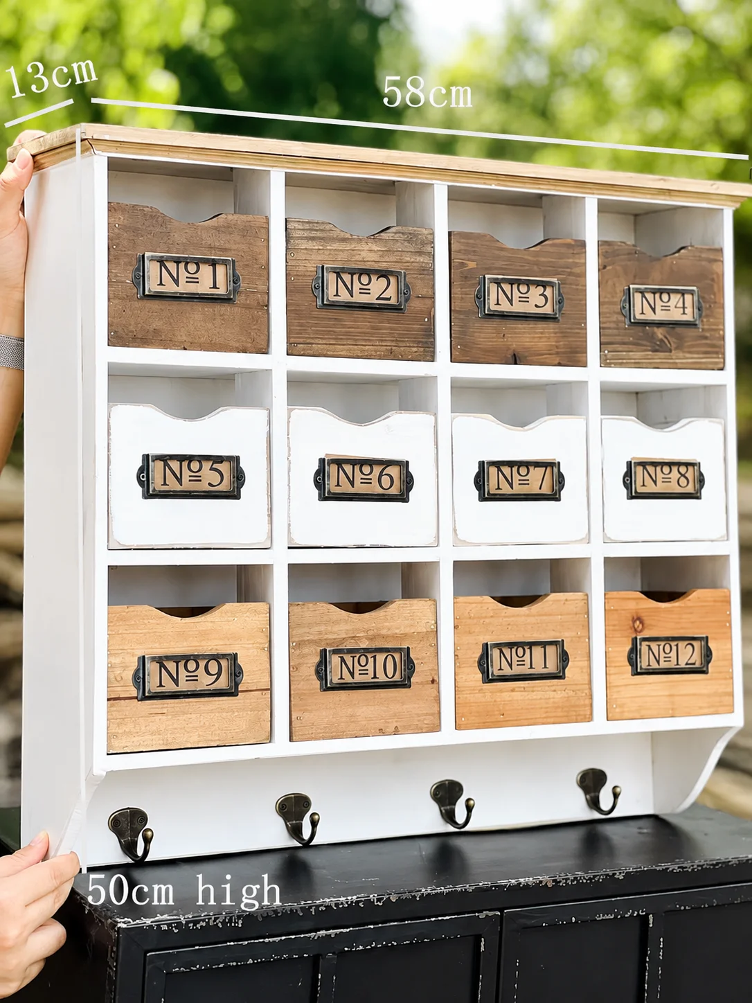 Vintage Wall-Mounted Storage Cabinet, 12 Numbered Drawers with 4 Hooks, Rustic Solid Wood Organizer, White & Natural
