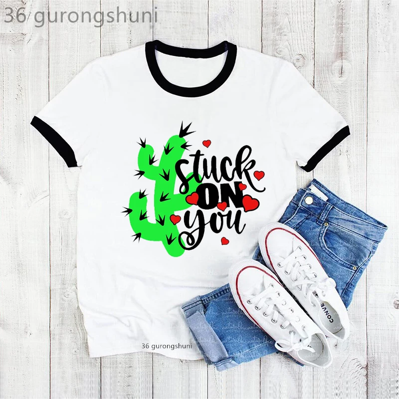 Stuck On You Cactus Graphic Print Tshirt Womem Harajuku Kawaii Clothes Red Love T Shirt Femme Summer Tops Casual T-Shirt Female