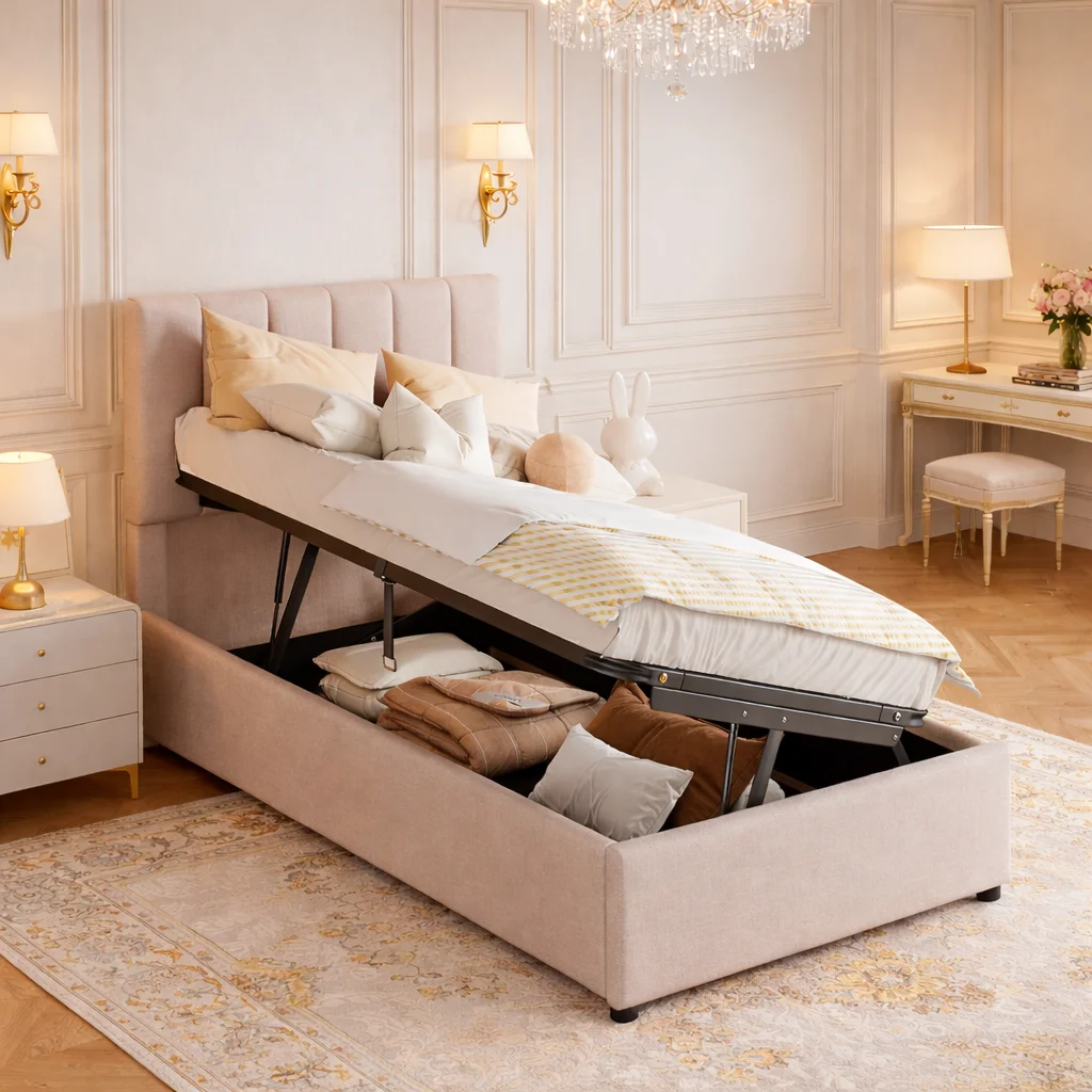 Lit coffre 90 x 200 cm rembourré avec sommier à lattes, lit hydraulique avec rangement et tête de lit réglable, lit enfant ado