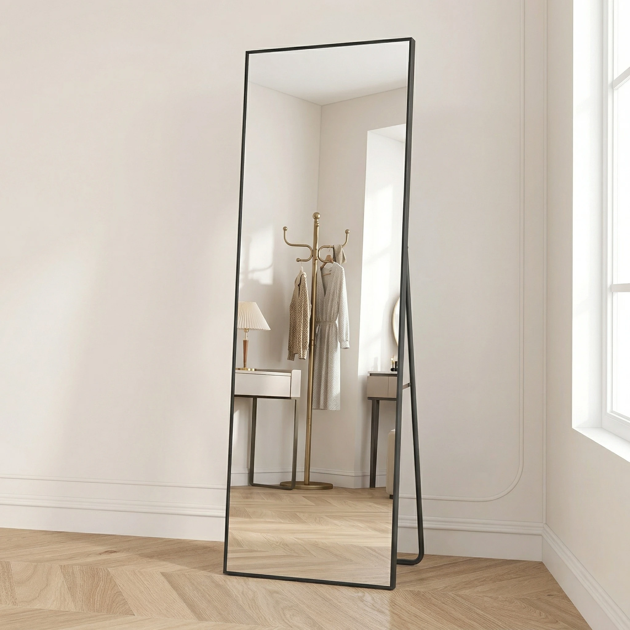 Miroir sur pied longueur 165 x 60 cm, miroir mural avec cadre en alliage d'aluminium, miroir porte verre trempé, mirroir
