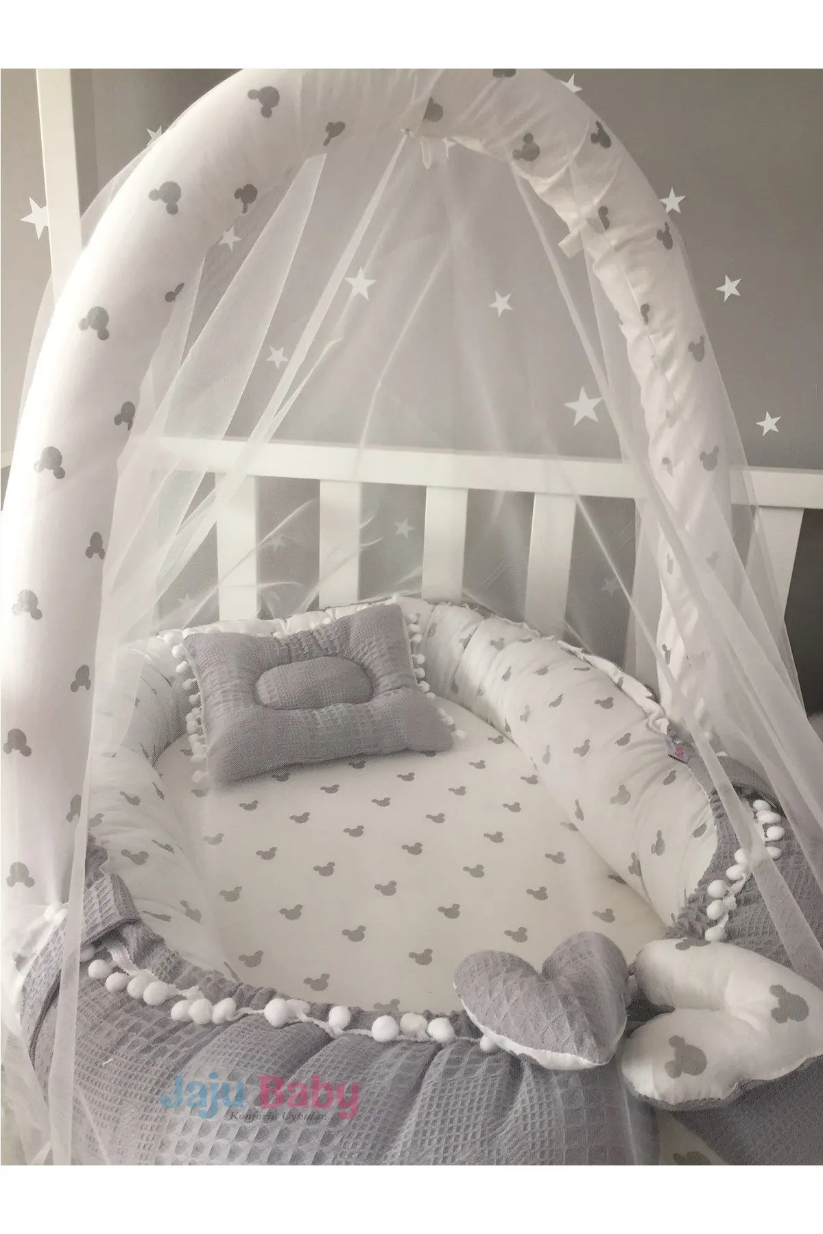 Tessuto piqué Waffle grigio fatto a mano topolino Design apparecchio giocattolo con pompon e Set Babynest in Tulle