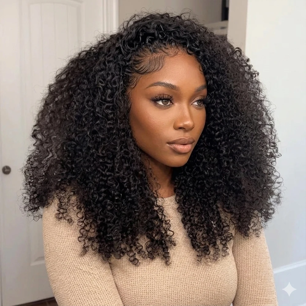 

Kinky Curly Half Wig Raw Vietnamese Human Hair Glueless Wig With Drawstring Seamless Clips Wig Deep Wave 3 in 1 Half Wig