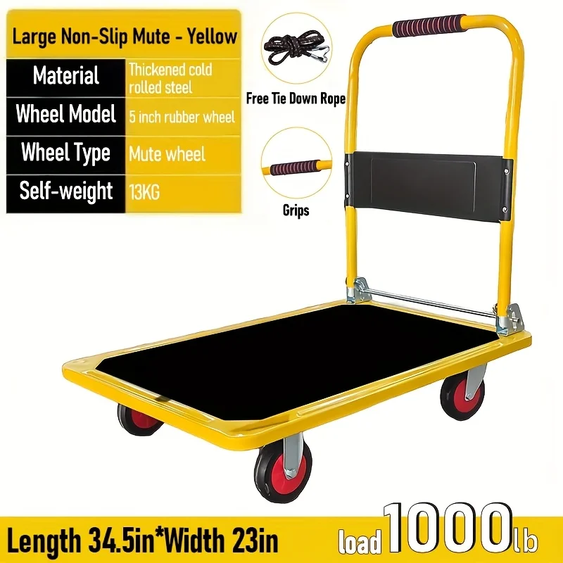 

Heavy Duty Foldable Push Cart Dolly 1000lb 700lb Capacity Swivel Wheels Collapsible Space Saving Yellow Hand Truck