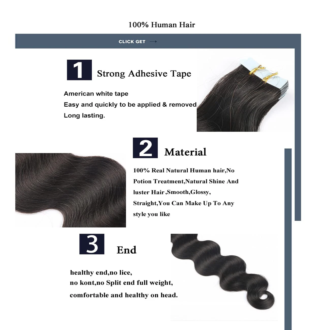 26 بوصة شريط متموج في الجسم موجة الشريط في وصلات الشعر 100% شعر الإنسان سلس شعر أسود طبيعي تمديد كامل الرأس # 1ب #3