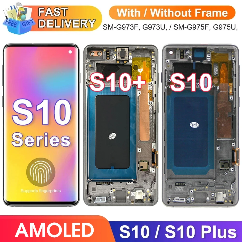 S10 Plus Screen with Fingerprints, for Samsung Galaxy S10+ G975F Lcd Display Digital Touch Screen wtih Frame for Samsung S10