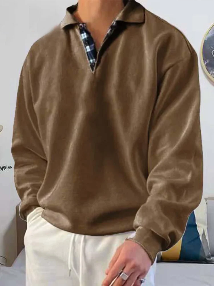 Uomo Solid Simple felpe Fashion Splicing risvolto Pullover felpa con cappuccio Casual England Style Button Design Polo a maniche lunghe