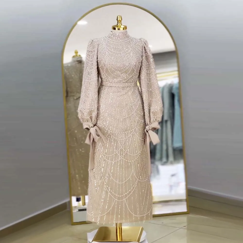 Elegant Muslim High Neck Pearls Evening Dress for Women 2024 Long Sleeves Ankle Length Formal Prom Wedding Party Gown Customized