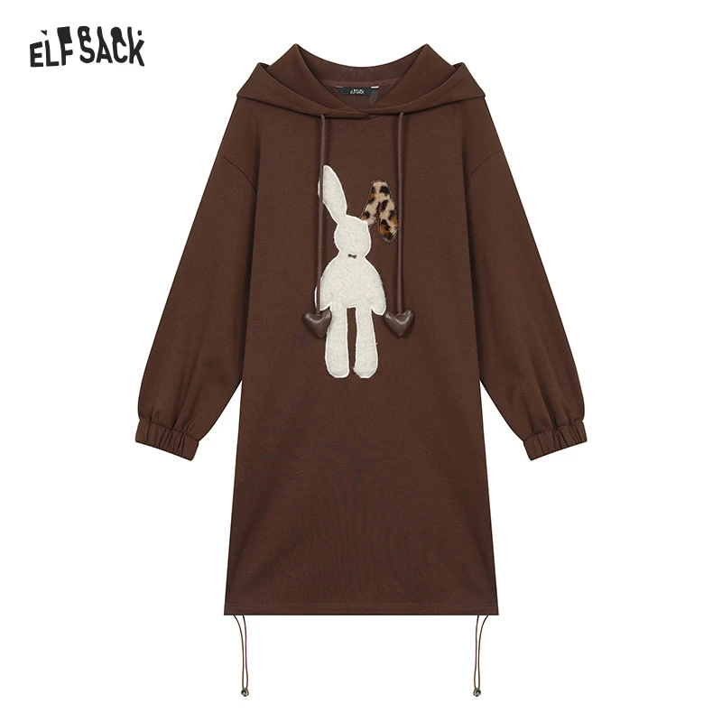 ELFSACK 2024 Autumn New Arrivals Contrast color stitching print raglan sleeves hooded sweater dress for women, casual slim dress