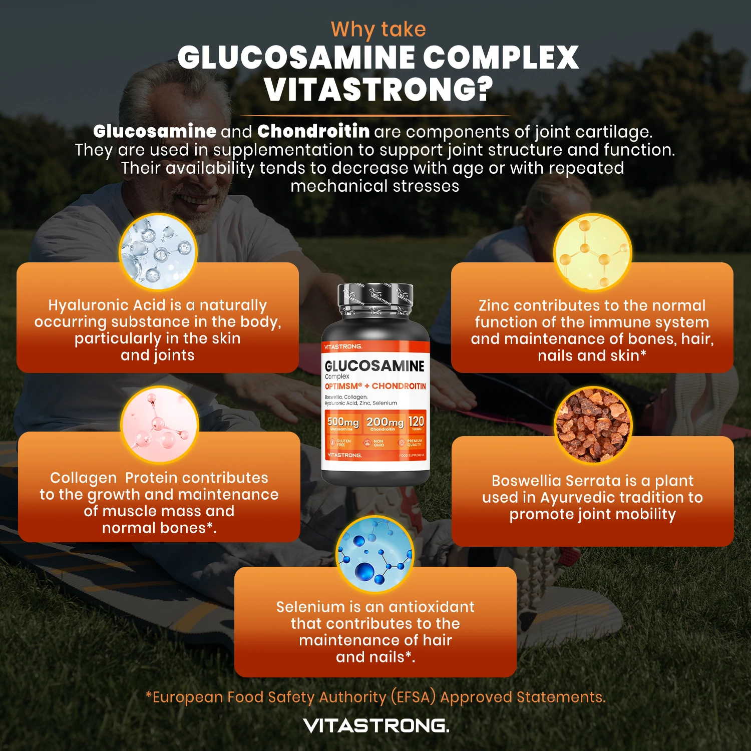 Vitastrong Glucosamine Chondroitin مع MSM، الكولاجين وحمض الهيالورونيك، الزنك، السيلينيوم، المنغنيز، Boswellia، مكمل MSM المركب الجلوكوزامين، العظام، المفاصل، الغضروف، جودة ممتازة