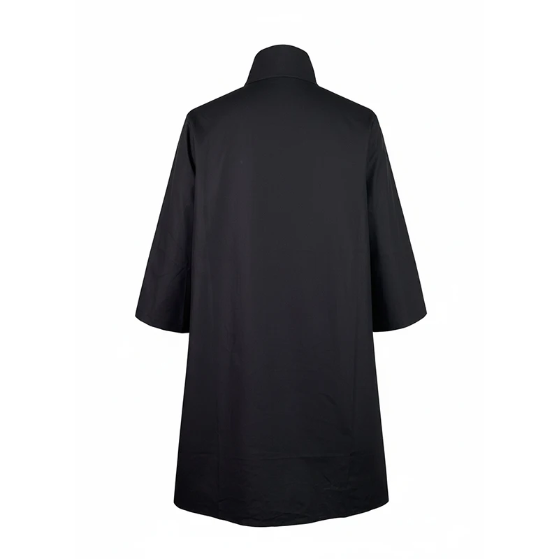 فستان نسائي أسود فضفاض من القطن 100% لخريف 2025 قميص قصير أنيق جديد بسيط أنيق بياقة واقفة وأكمام طويلة فساتين للمرأة