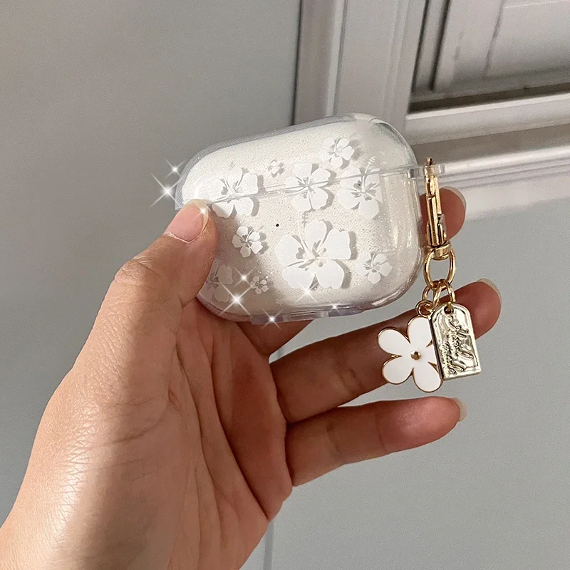 Housse en Silicone souple pour AirPods 3 pro2rd, étui pour écouteurs avec pendentif fleur blanche transparente, mignon, pour Apple AirPod Pro 2
