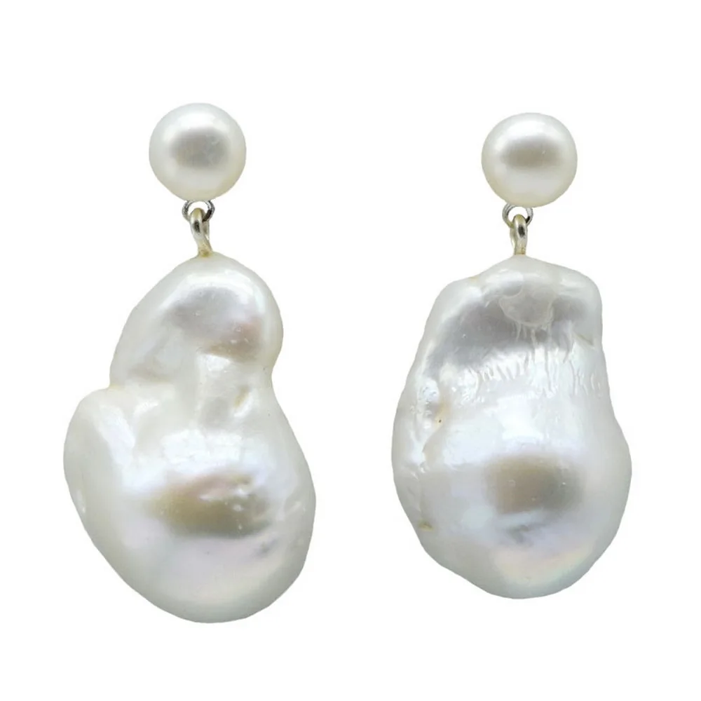 Baroque Pearl Earrings Large Drop Shape White Natural Freshwater Pearl Pendant 925 Sterling Silver Women\'s Earrings