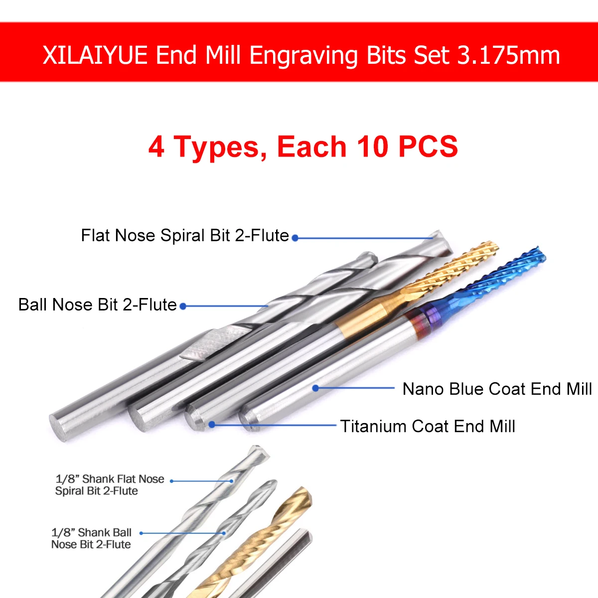 Fim Moinho Gravura Bits Set, CNC Router Bits, PCB Cortador, Carbide Milling Tools, Nariz De Bola, 3.175mm Shank, 40Pcs