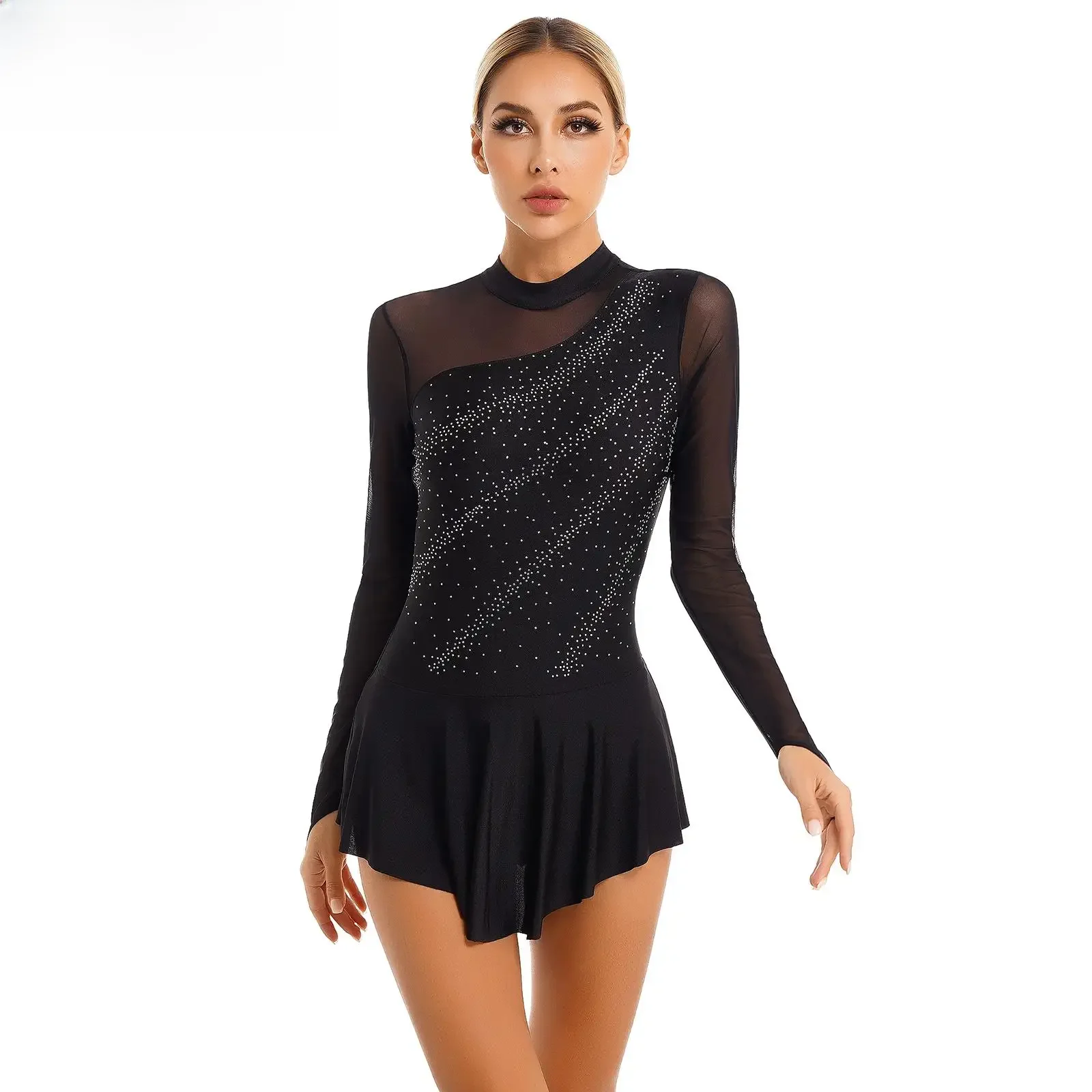Figure Skating Jumpsuit Womens Glitter Rhinestone Sheer Mesh Splice Long Sleeve Gymnastics Leotard Ballet Dress Dancing Bodysuit
