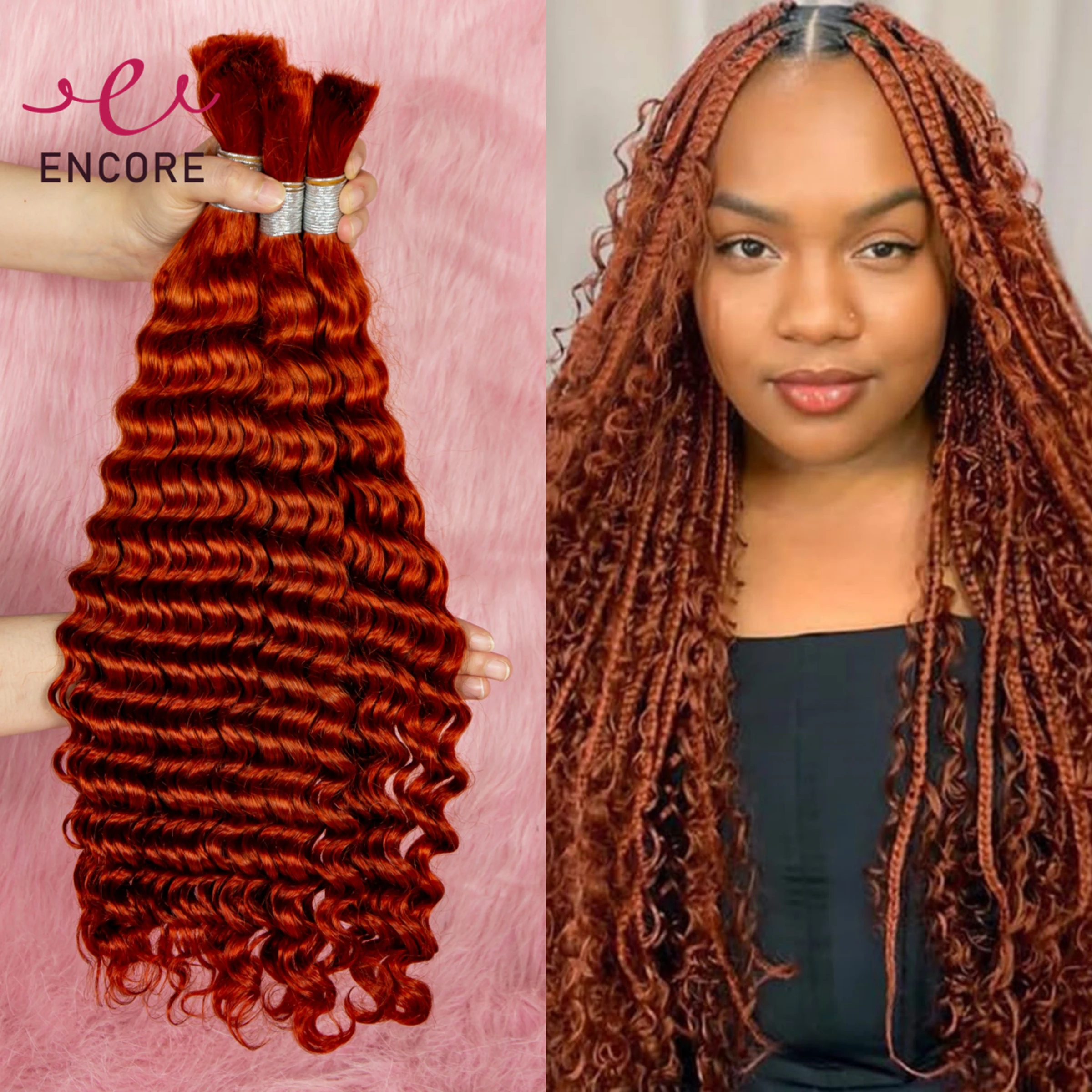 Onda Profunda Pacotes de Cabelo Extensão, Boho Trança, Sem Trama Vrigin, Gengibre Laranja, Massa para Trança, 100% Cabelo Humano, 28 em