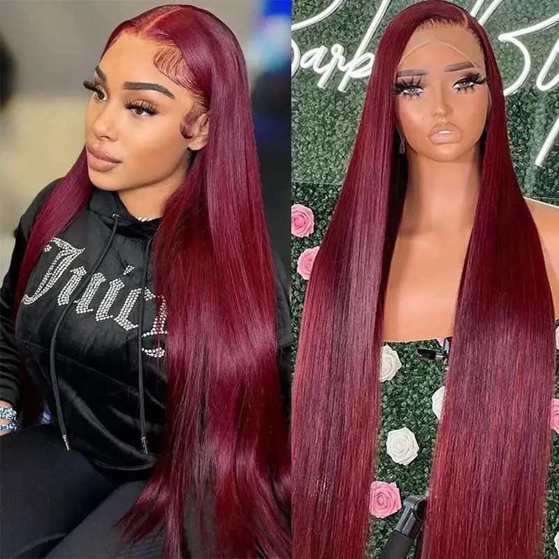 Wig renda depan 13x6 Hd 99j Burgundy lurus 13x4 Wig rambut manusia renda depan 30 36 inci Wig rambut Brasil berwarna untuk wanita