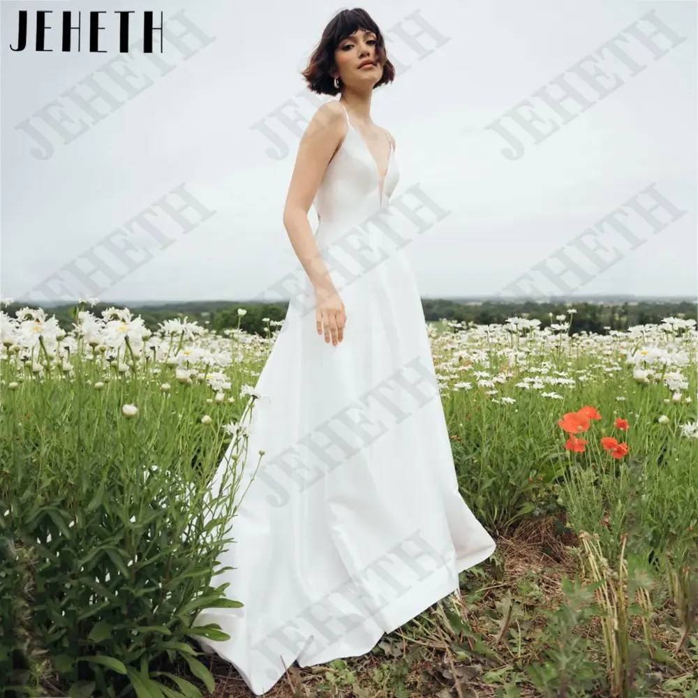 

JEHETH Spaghetti Straps A-Line Wedding Dresses Sleeveless Backless Satin Bride Gown Deep V-Neck Back Button robes de mariée 2024