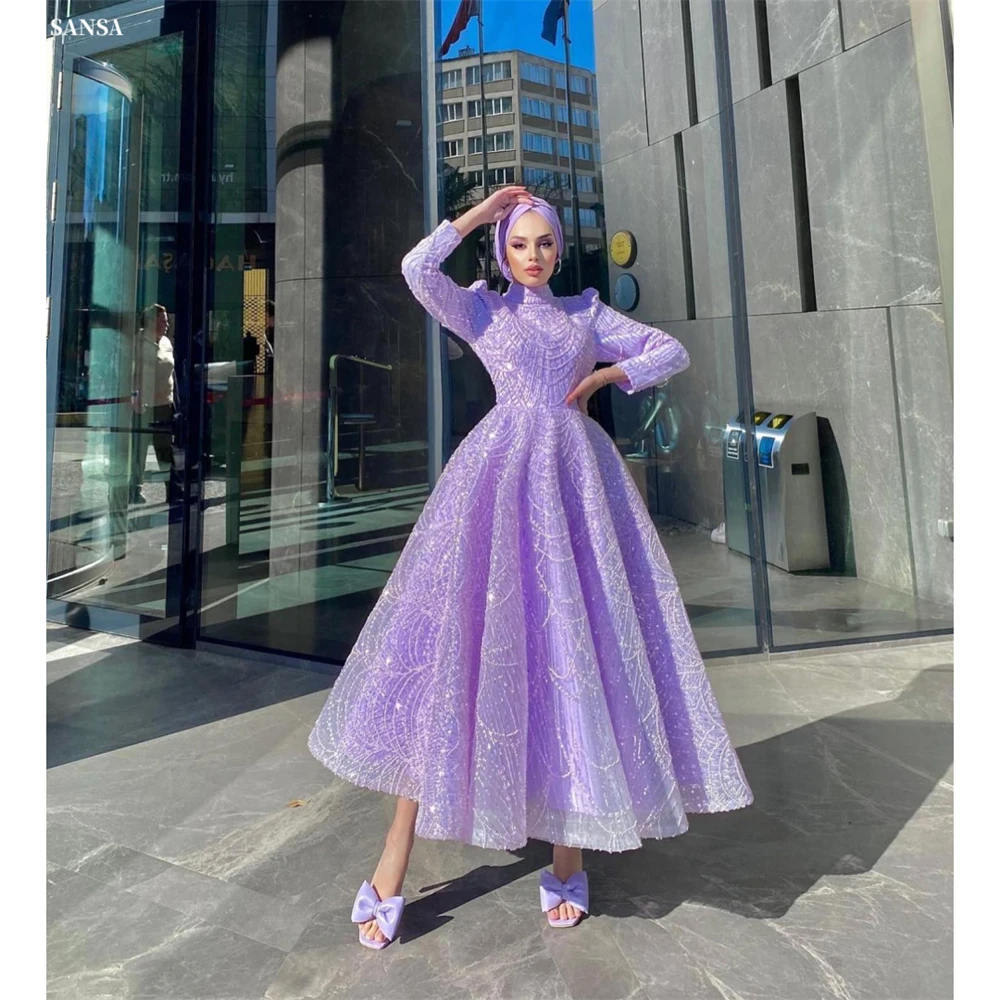 

Sansa Customized Purple Pleats A-Line Beaded Prom Dress Long Sleeve High Neck Vestidos De Noche Ankle-Length Formal Evening 2025