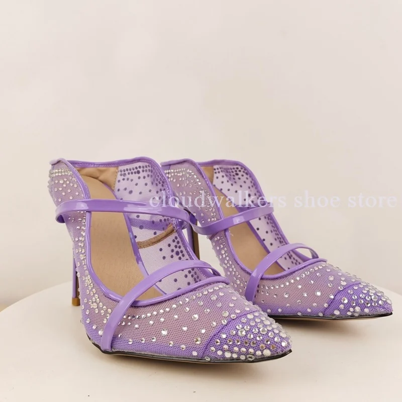 

Elegant Breathable Mesh Rhinestone Inlaid Summer Fashion Slippers Pointed Toe Double Strap Design Slingback Stiletto Slippers
