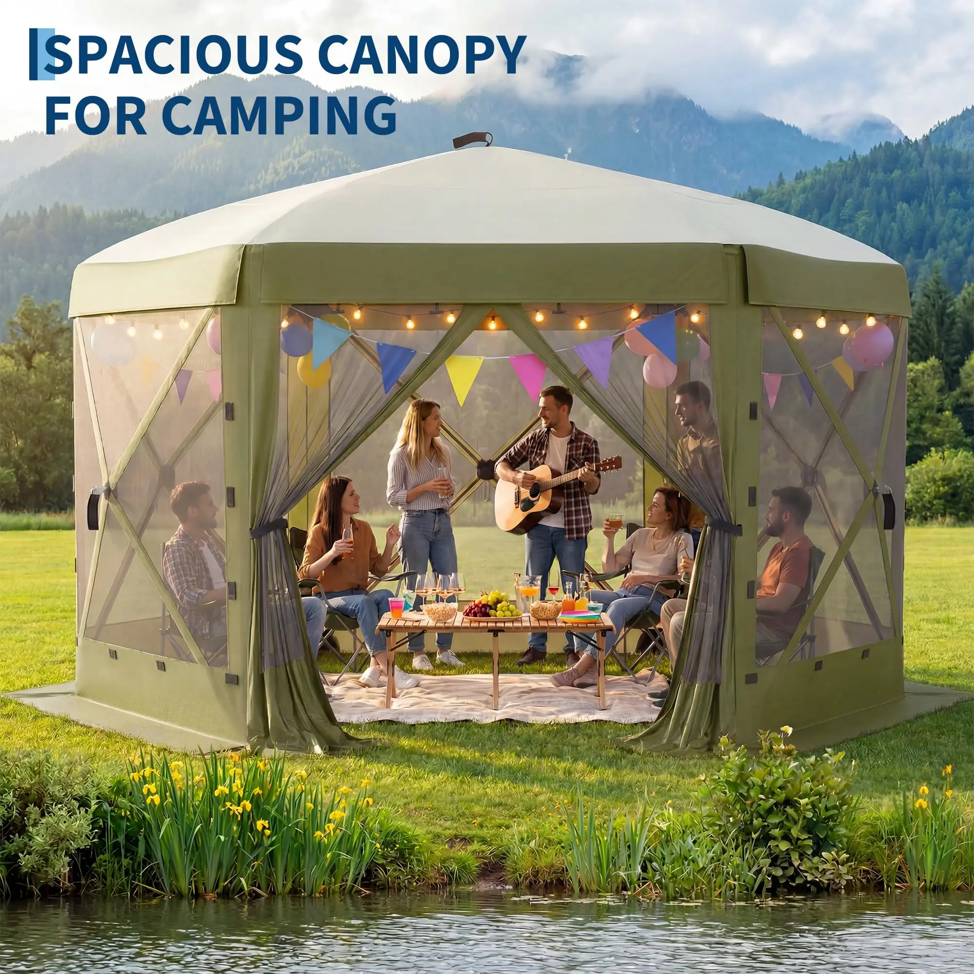 12x12FT 6-Sided Pop Up Gazebo Screen Tent with Mesh Panels|One-Push Setup, Removable & Privacy Wind Cloths, Outdoor Sun Shelter for Camping, Backyard Parties & Events