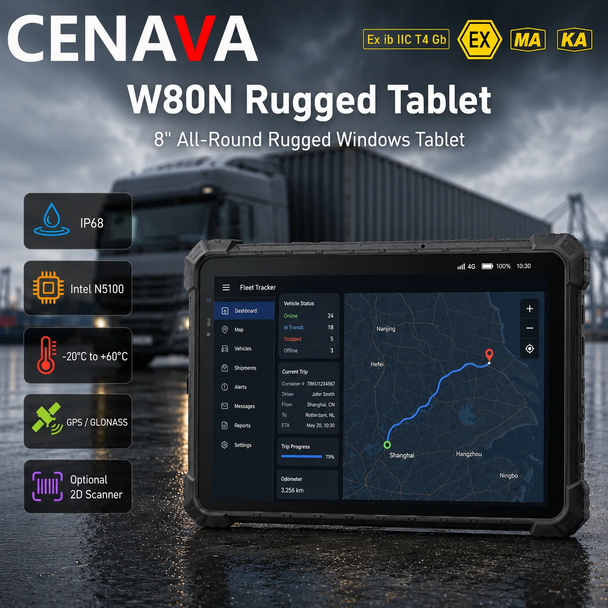 CENAVA W80N 8 Inch Rugged Windows Tablet Intel N5100 IP68 GPS GLONASS RJ45 Industrial Tablet for Logistics Fleet Field Work