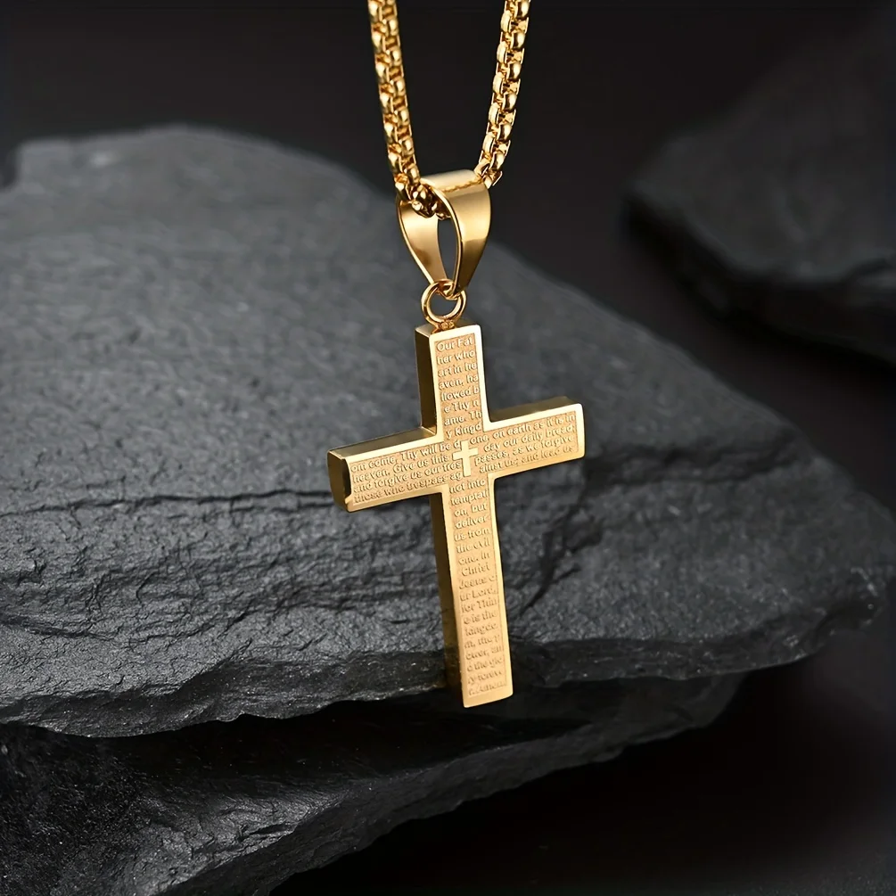 1-Pack Multi-Color High-Quality Hypoallergenic 304 304 304 Stainless Steel Engraved Text Cross Pendant Necklace | 18K Gold Plate