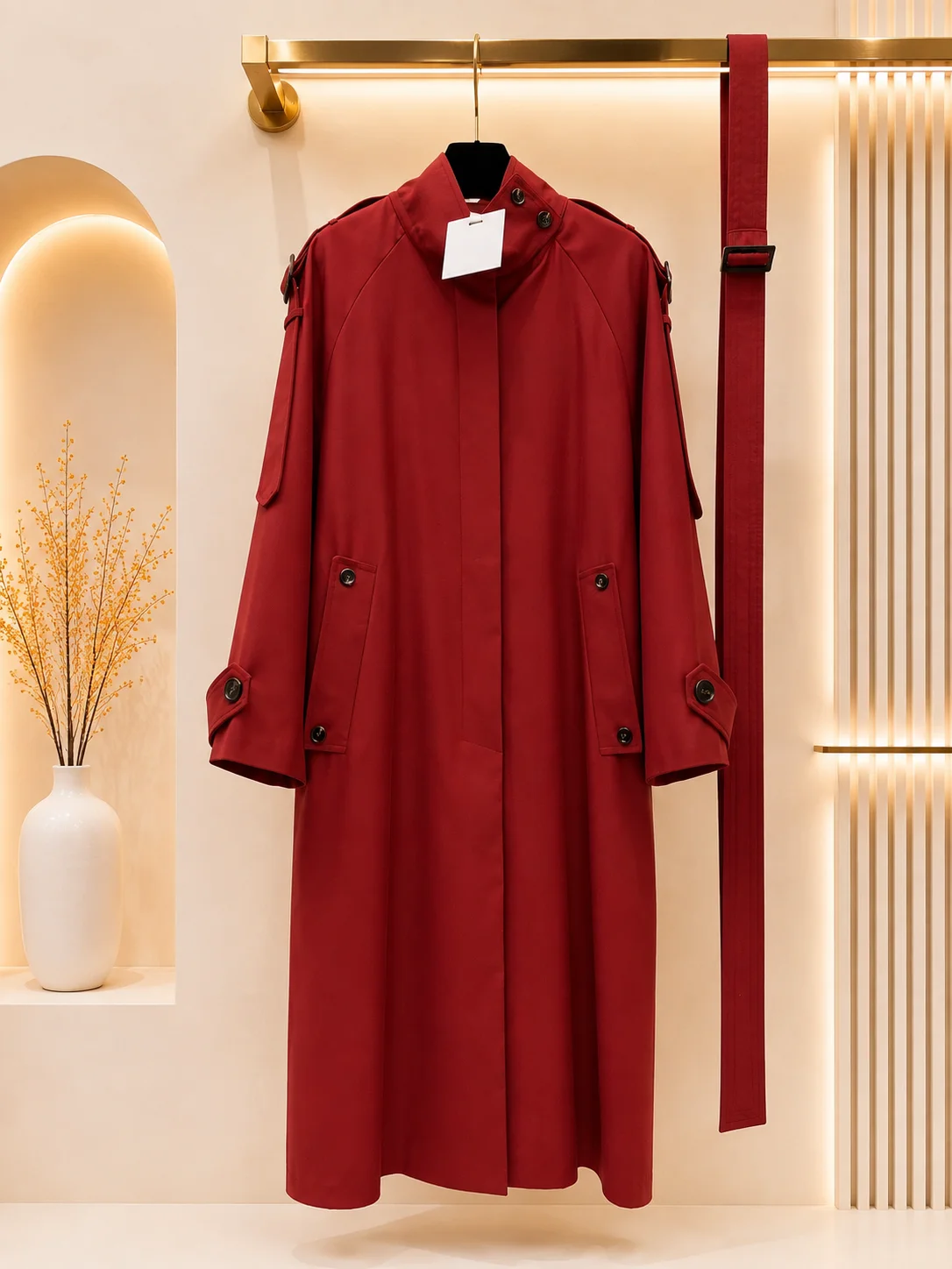 2026 Women Long Trench Coat Stand High Collar Hidden Button Placket Waist Belt Loose Silhouette Overcoat