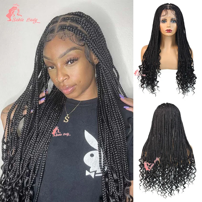 Sintético Full Lace trançado perucas para mulheres negras, encaracolado termina, tranças caixa, peruca dianteira, sem nós, cabelo encaracolado, 24"