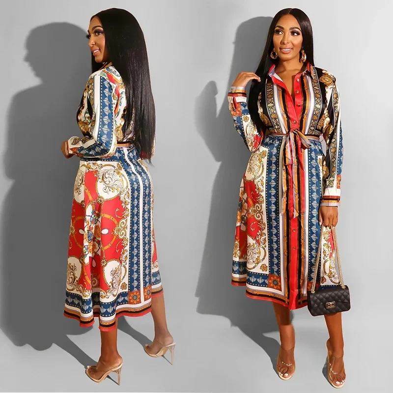 Robe chemise longue pour femmes, simple boutonnage, col rabattu, Maxi imprimé, épissure élégante, Streetwear Y2k, fête plage