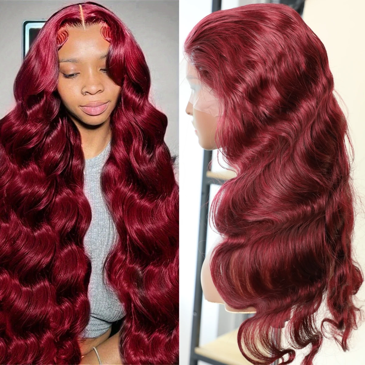 Perruque Lace Front Wig Body Wave 100% Naturelle, Cheveux Humains, Rouge Bordeaux 99J, Densité 220, 13x4, 13x6, Transparent, 34 Pouces, pour Femme