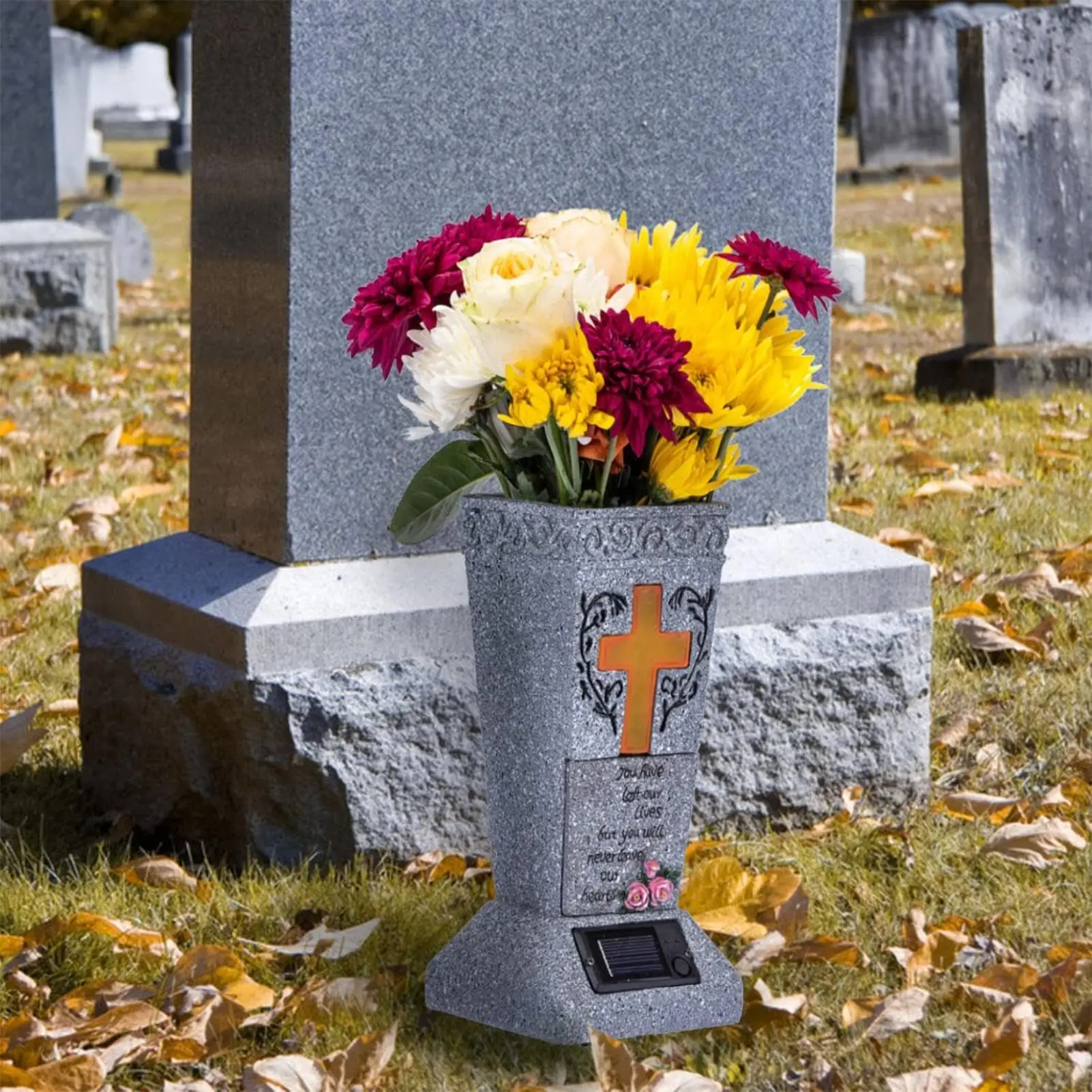 Jarrón de Resina Impermeable para Cementerio con Luz LED Solar, Cruz Cristiana, Decoraciones para Tumbas, Florero Conmemorativo