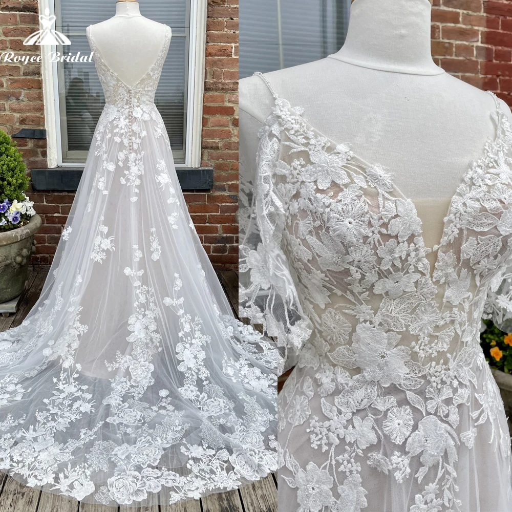 Zomer Kant Trouwjurken Bandjes A-lijn Bruidsjurken Backless Applicaties Boho Bruid Jurk Vestidos De Noiva Roycebridal