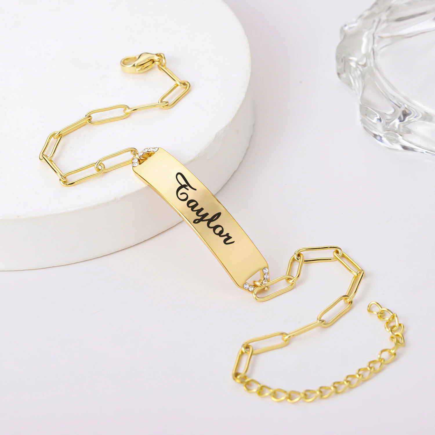 High End Bar Bracelet 18K Gold Plated Diamond Adjustable Couple ID Bracelet Customized Name Personalized Jewelry for Women Gift