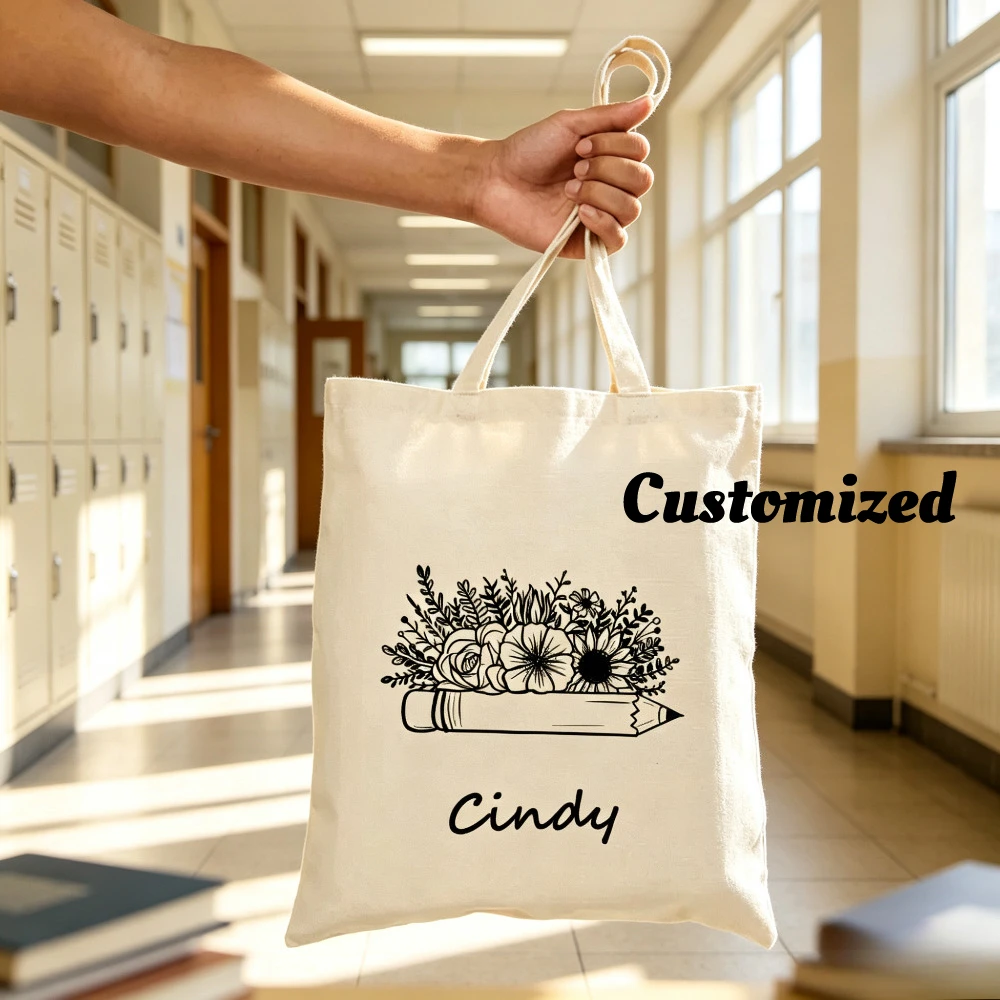 Customized Name Flower Pencil Printed Canvas Tote Bag, Customized Text Gift, Teacher's Start of School Season Gift.