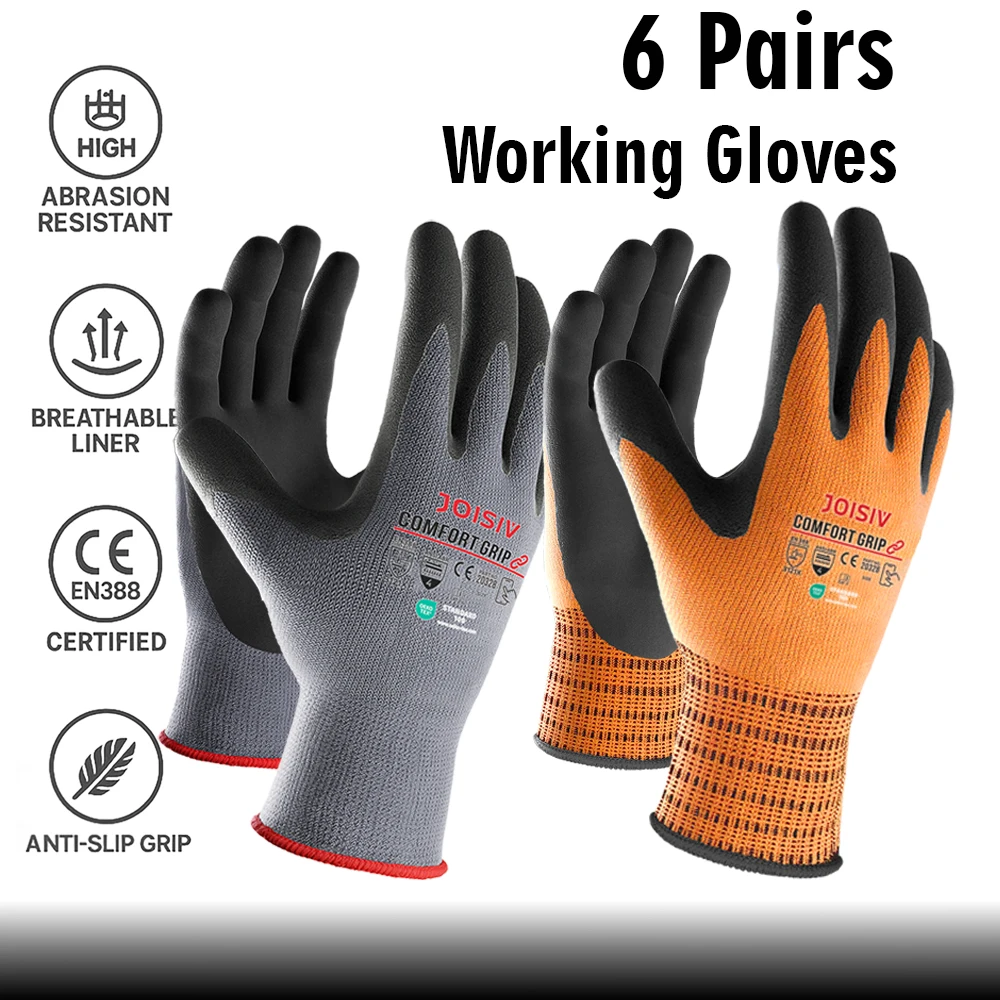 6 Pairs Heavy-Duty Nitrile Coated Work Gloves Non-Slip Lightweight Durable Breathable for Construction Auto Repair Gardening