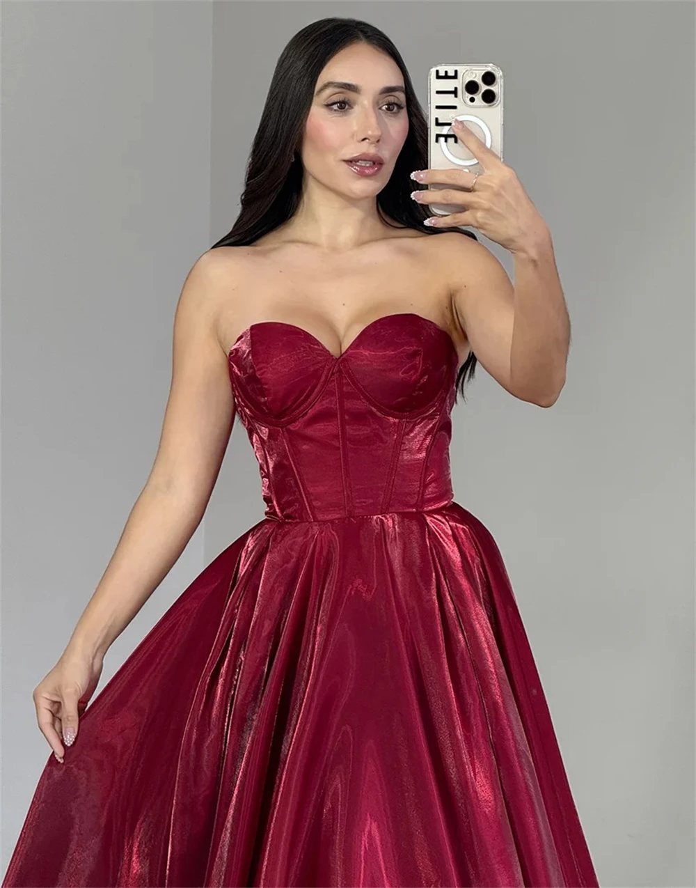Sansa Customized Burgundy A-line Sweetheart Neck Prom Dress Multilayer Pleats Sleeveless Vestidos De Noche Floor-Length Evening