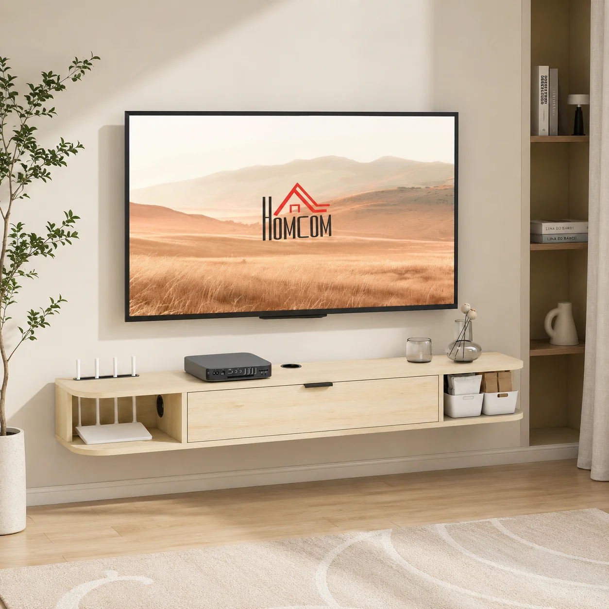 Meuble TV mural avec tiroir abattant, 2 étagères ouvertes, gestion des câbles, 140 x 24 x 16 cm, bois naturel