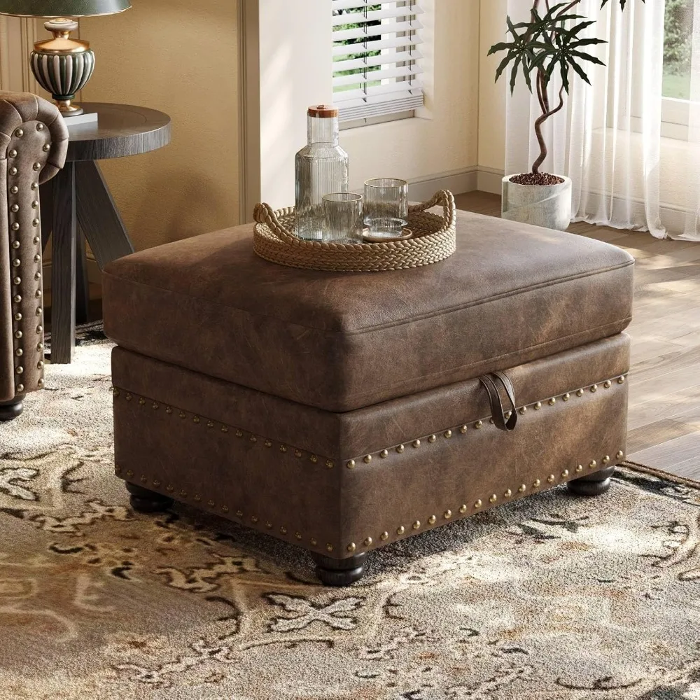 

Faux Leather Ottoman with Storage, Rectangle Ottoman Coffee Table with Nailhead Trim, Solid Wood Legs