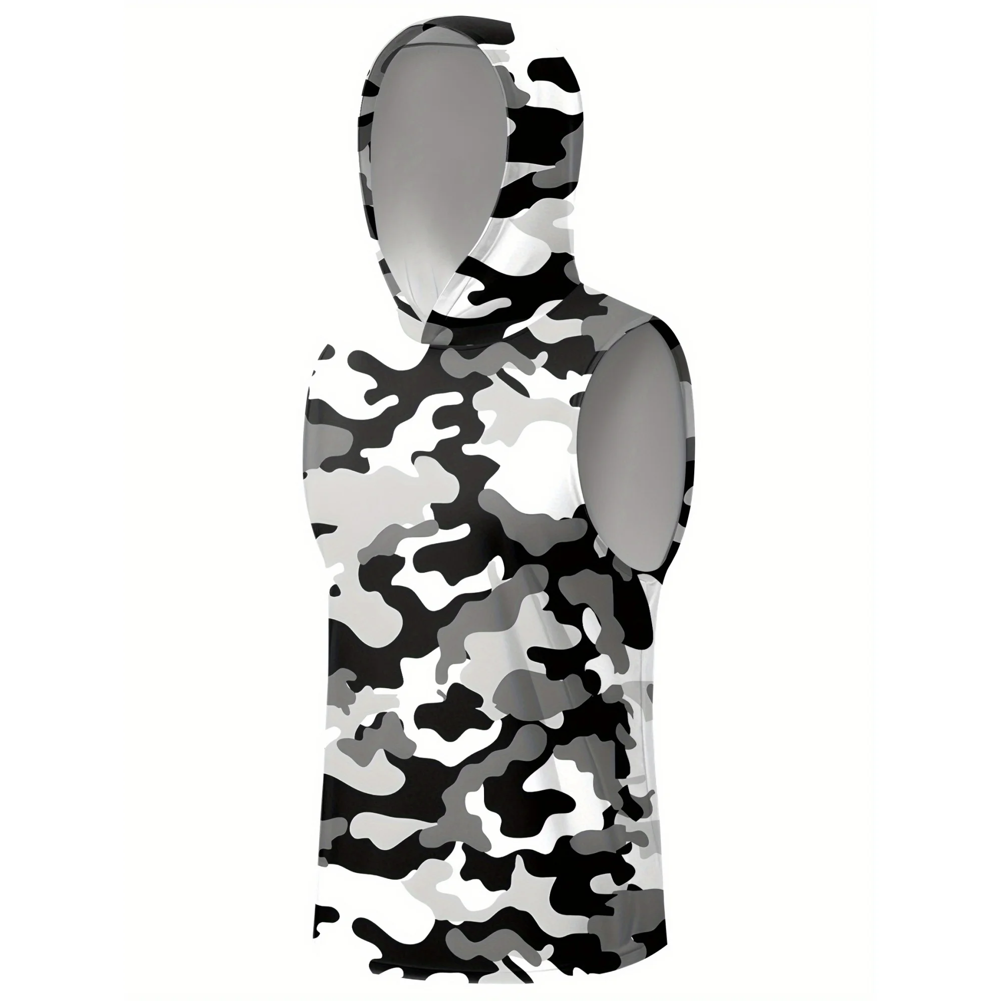 Atmungsaktives Schnee-Tarnmuster Ärmelloses Kapuzen-Trainingsshirt für Herren Vollständig Camouflage-Bedrucktes Ärmelloses Laufshirt für Jagd, Angeln und Sport – Detail 5