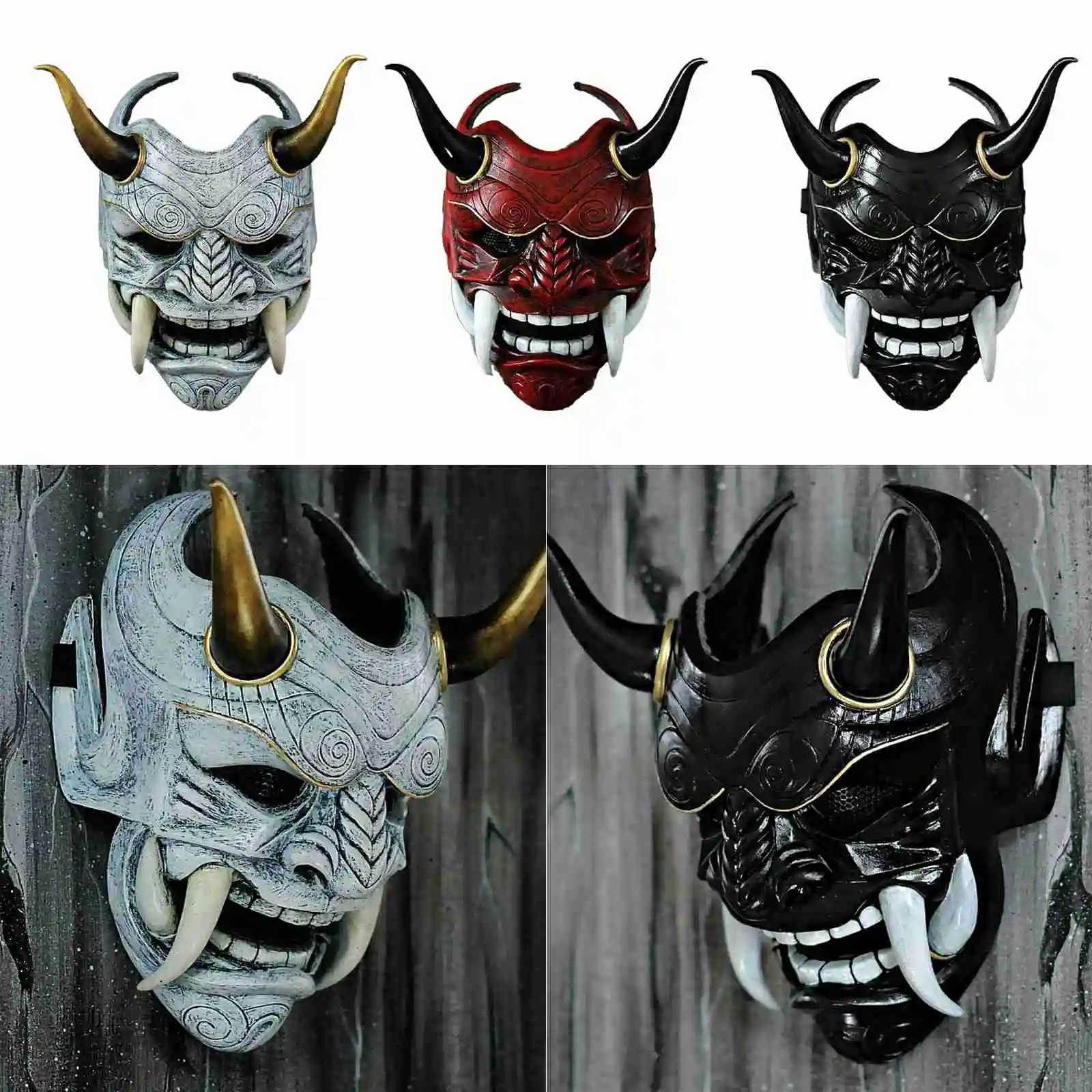 Japanese Hannya Demon Mask Ghost Oni Samurai Noh Kabuki Red Prajna Latex Mask Adult Unisex Halloween Cosplay Props