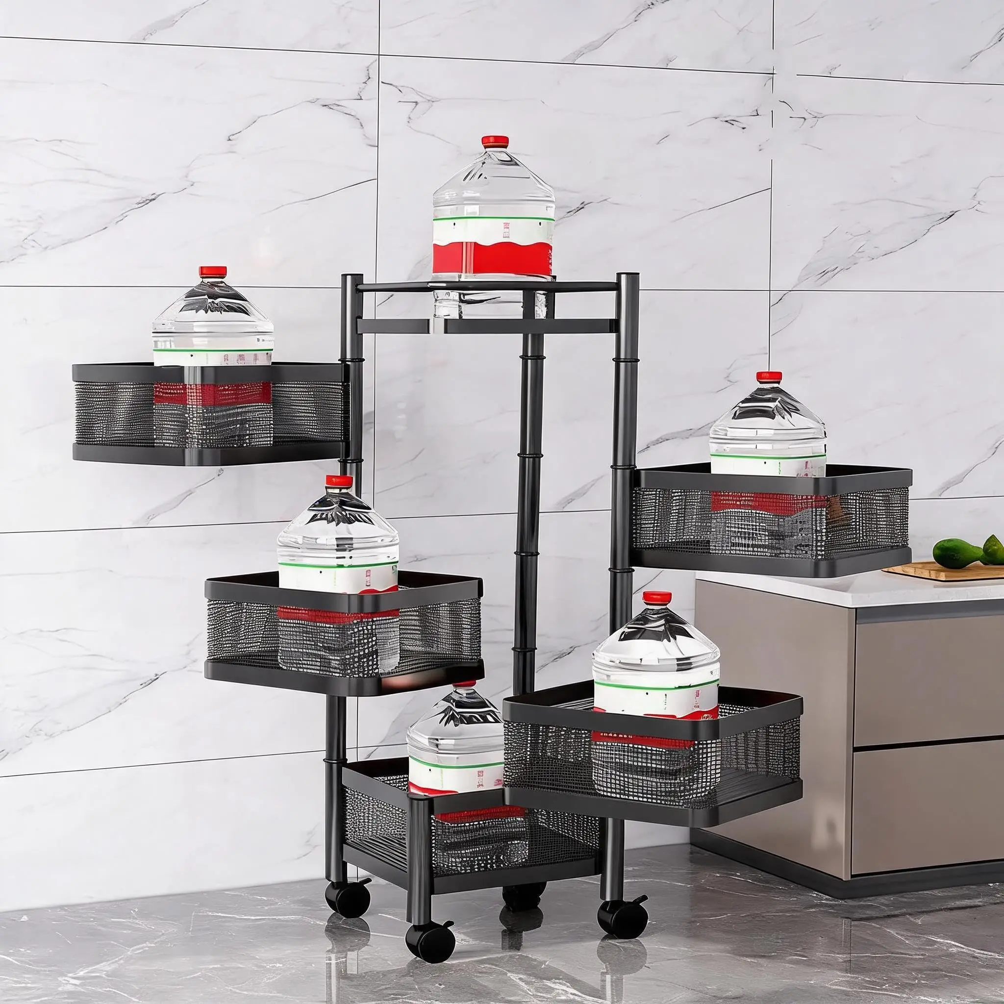 Carrello portaoggetti girevole a 5 ripiani, scaffale da cucina 26B x 26T x 95,5H cm, organizer da cucina con ruote, carrello salvaspazio su ruote per frutta, verdura, snack, per ufficio, soggiorno e