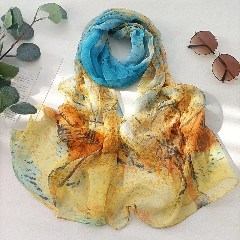 Kobiety Foulard Bandana elegancki Gradient drzewo życia kwiat szyfonowa szal z żorżety długi szal lato wielu kolorów — zdjęcie 2